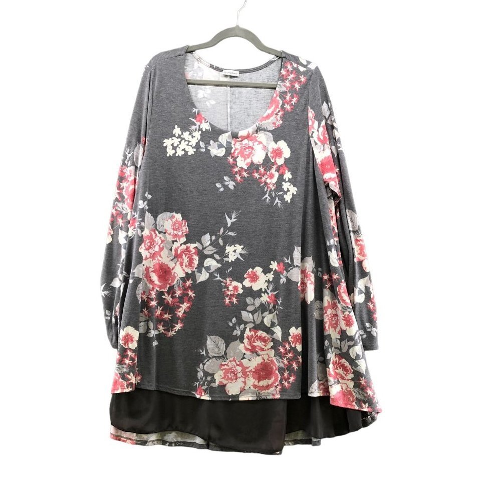 Egy California Jersey Knit Tunic Top/Dress Chiffon Hem Gray Floral Womens 2X